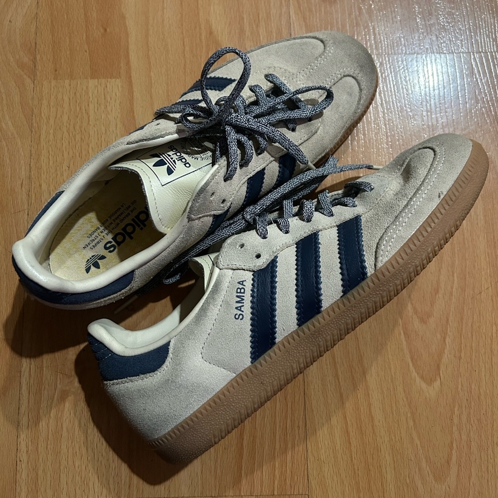 Adidas Samba Suede Sneakers in Beige with Navy Stripes
